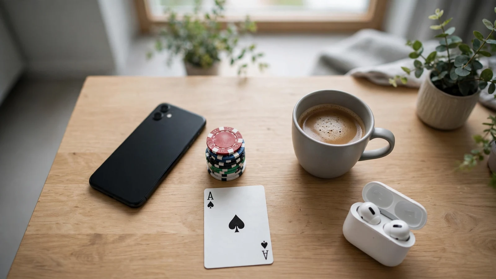 Smartphone, casinofigurer och ett ess på bordet i en ljus svensk lägenhet