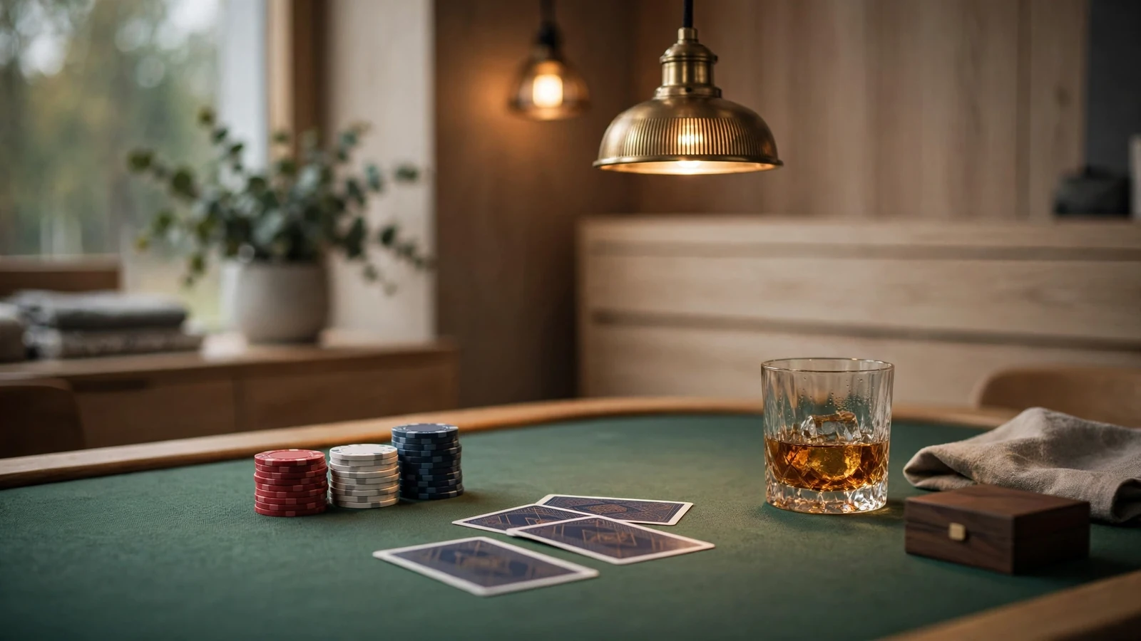 Elegant casino-bord med spelkort, marker och kristallglas i skandinavisk miljö