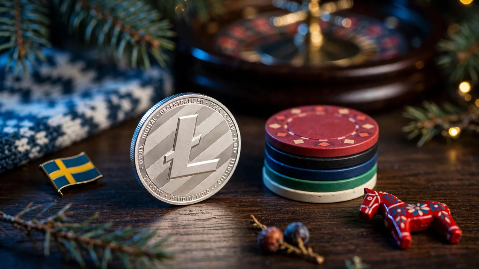 Litecoin-mynt bredvid casinokistor med roulette i bakgrunden