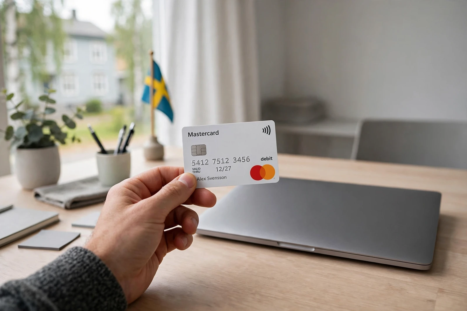 Svensk spelares hand håller ett Mastercard-debetkort nära en bärbar dator