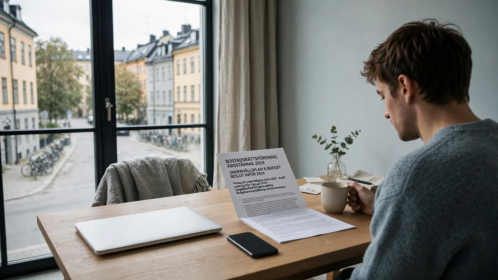 Person vid skrivbord i svensk lägenhet med stängd laptop och regeldokument