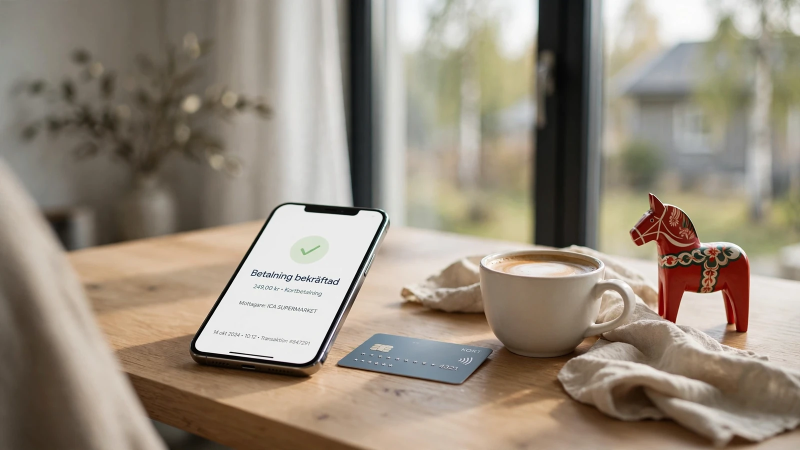 Smarttelefon med betalningsbekräftelse, kontaktlöst kort och Dalahäst på skandinaviskt skrivbord