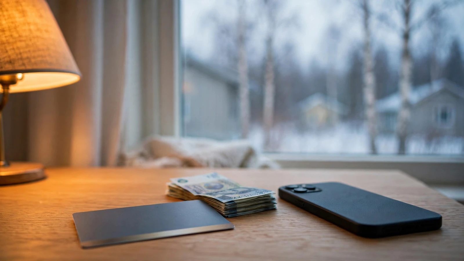 Skandinaviskt skrivbord med förbetalt voucher-kort och svenska kronor i varmt lampljus
