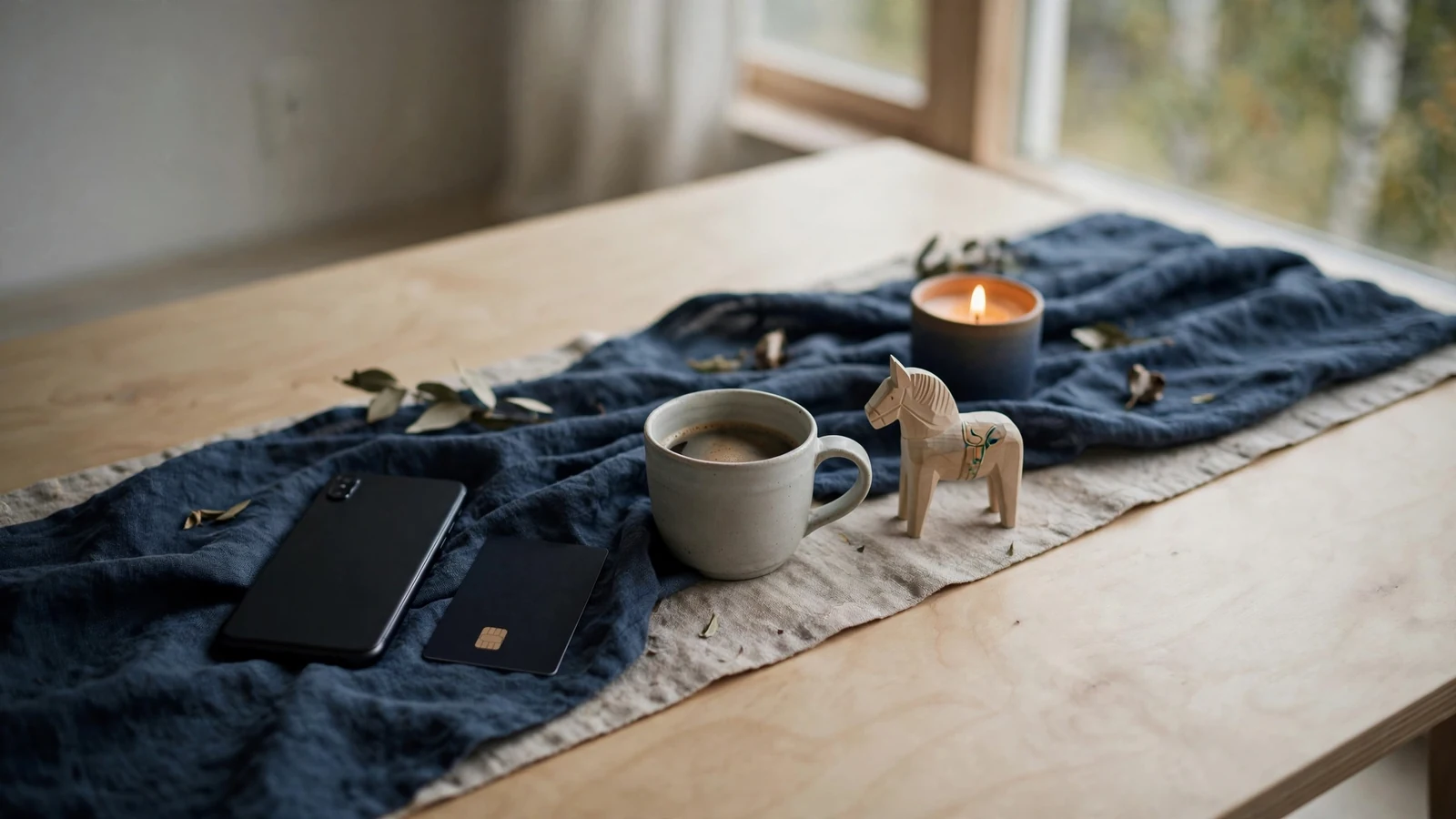 Stilleben med en vänd mobiltelefon, ett e-plånbokskort och en Dalahäst i en minimalistisk svensk hemmiljö