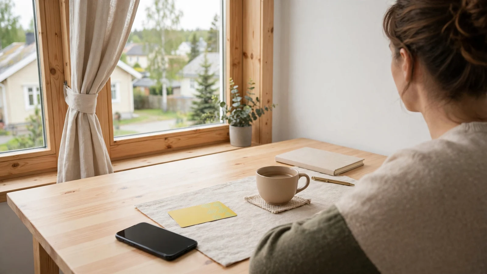Modern skandinavisk hemarbetsplats med Paysafecard-kupong och smartphone