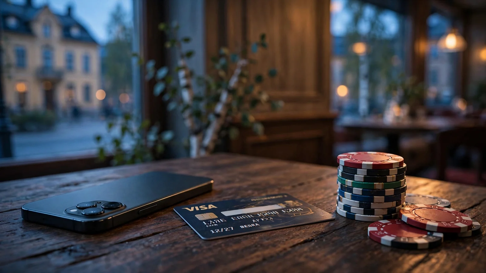 Smartphone, kreditkort och casinomarker på ett mörkt bord