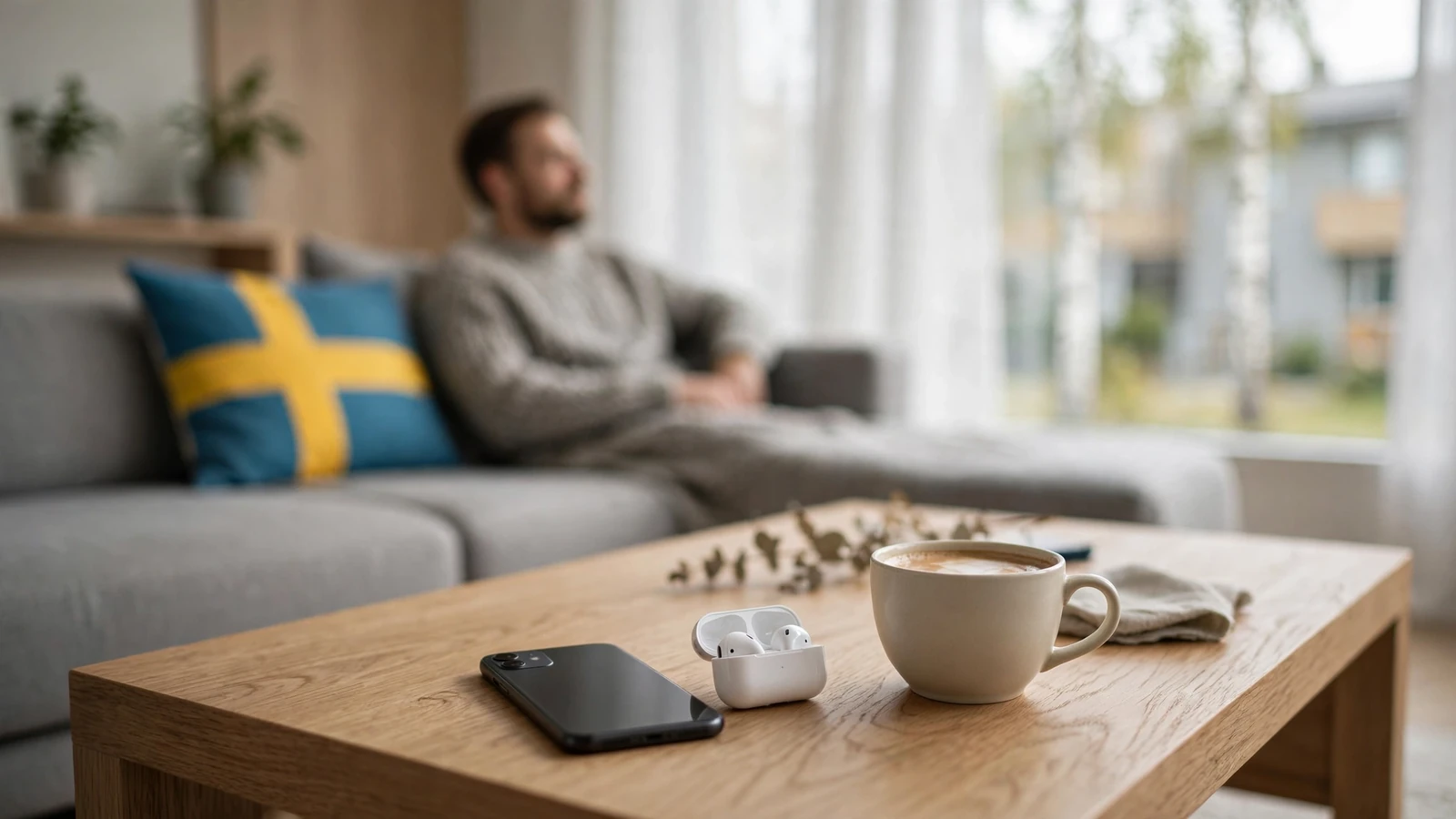 Smartphone liggande på soffbord i svenskt vardagsrum med dagsljus
