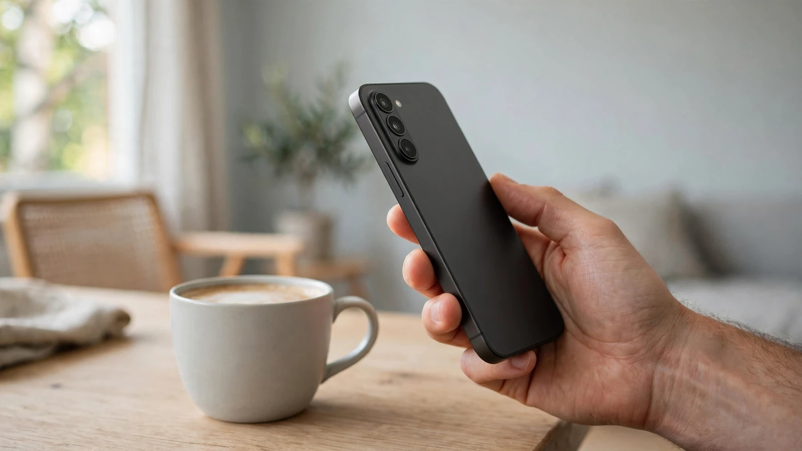 Hand som håller en smartphone i en ljus skandinavisk inredning