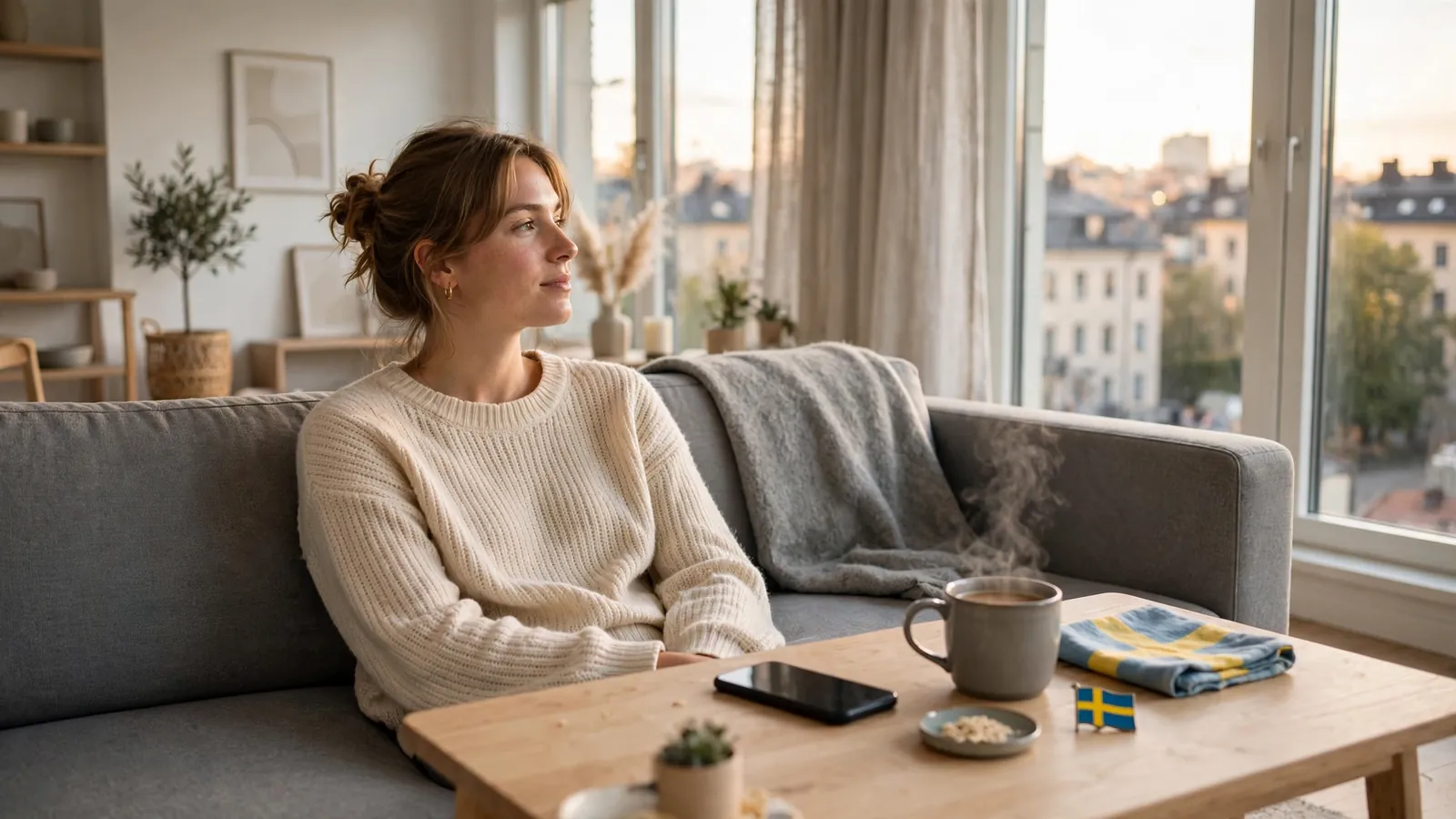 Avslappnad person i en ljus svensk lägenhet med telefon med framsidan nedåt, symboliserar snabba casinouttag.