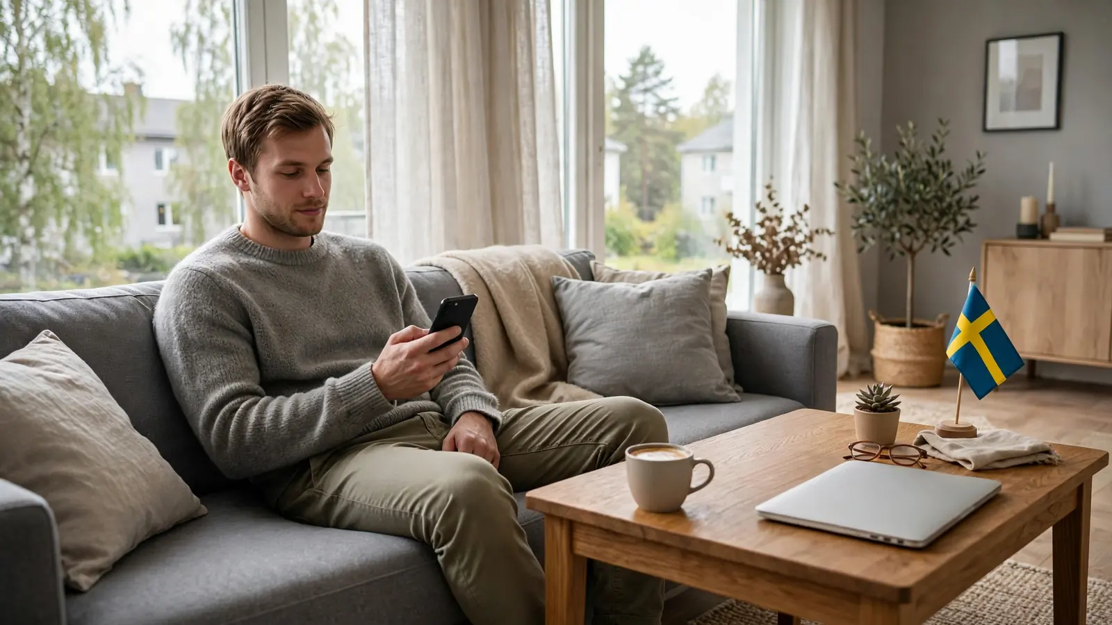 Person med smartphone i modernt svenskt vardagsrum med kaffekopp och svensk flagga