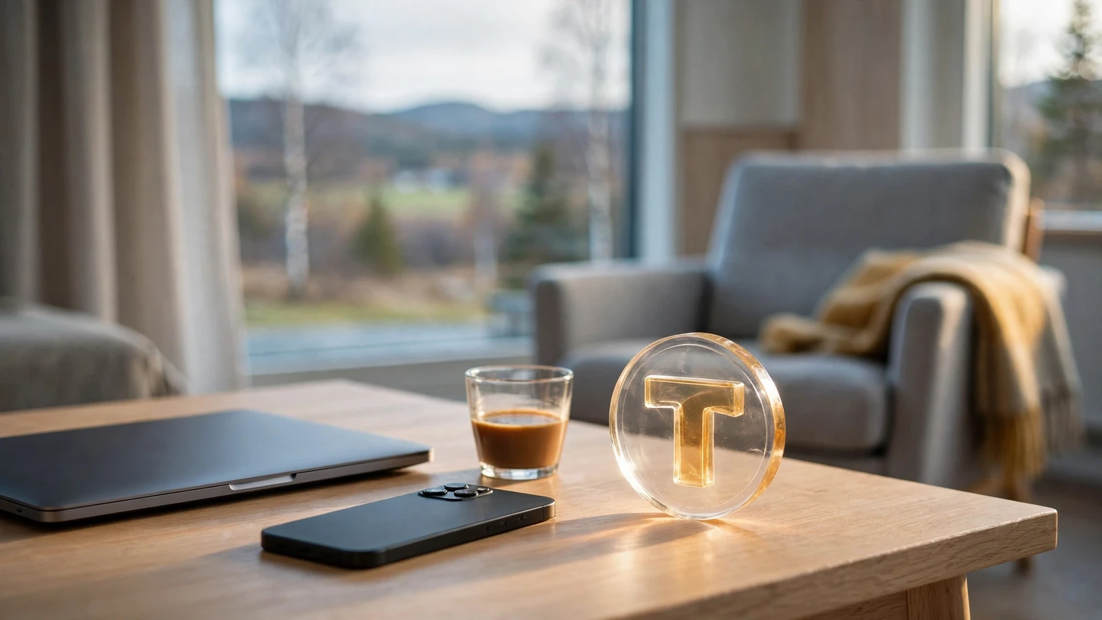 Kryptovaluta Tether-mynt på ett skandinaviskt bord med stängd laptop