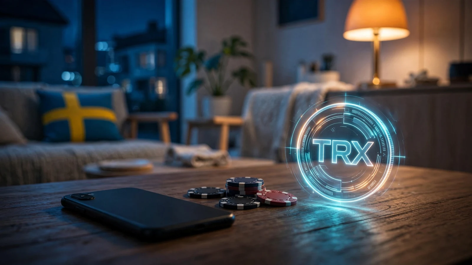 Smarttelefon, pokerfärger och en lysande TRX-mynt på ett svenskt bord