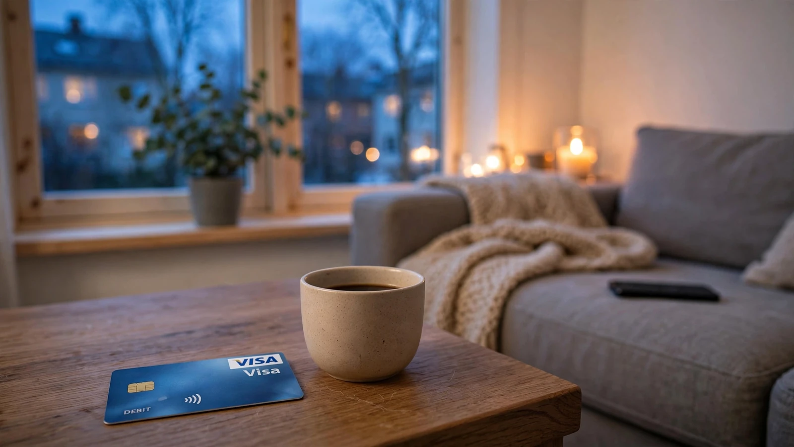Visa-betalkort på bordet bredvid en kaffekopp i svensk vardagsrum