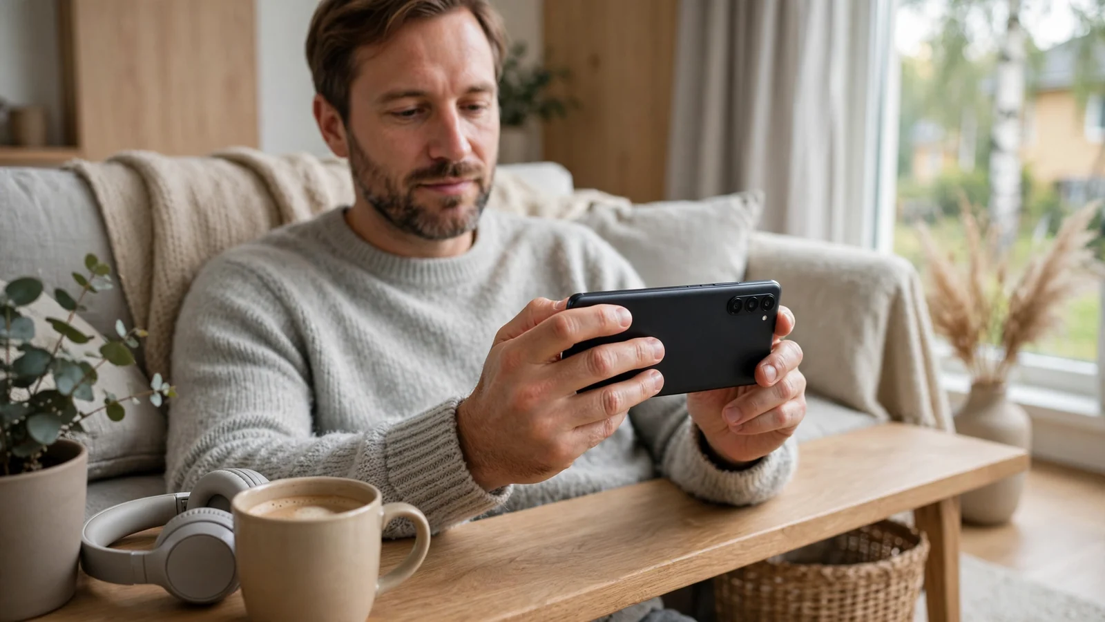Person som håller en Android-mobil i ett mysigt vardagsrum