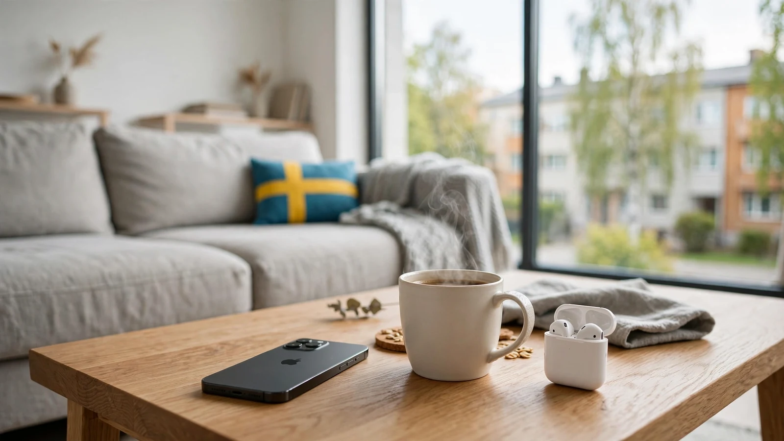iPhone på soffbord i modern svensk lägenhet med kaffe