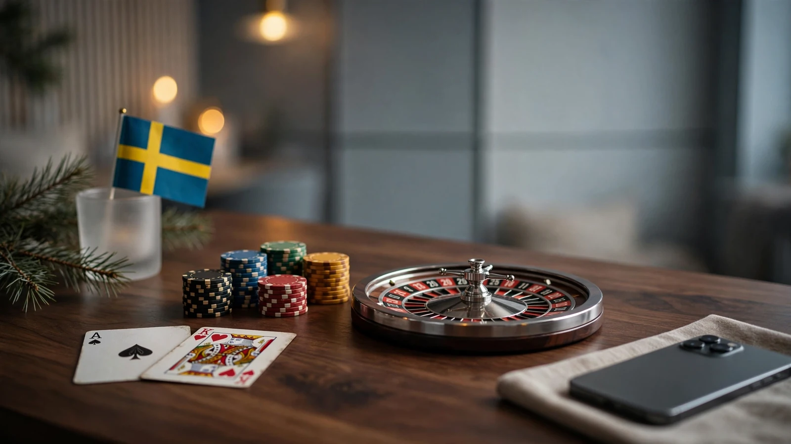 Snyggt casinobord med roulette, marker, kort och en smartphone, nordisk inredning med varm belysning.