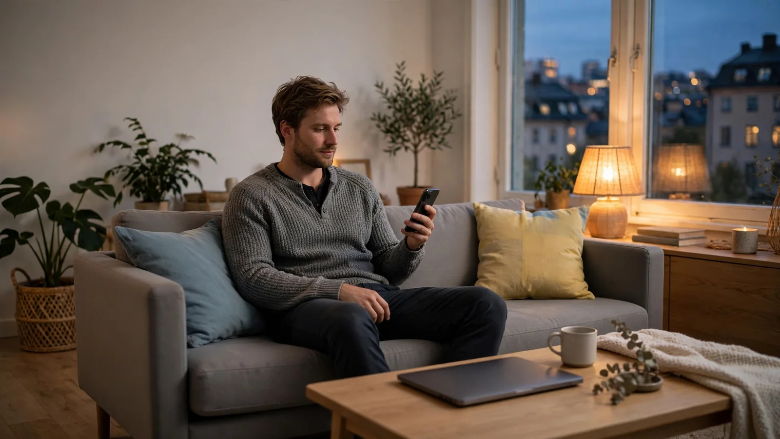 Man i modern svensk lägenhet med mobiltelefon, casinospel utan konto