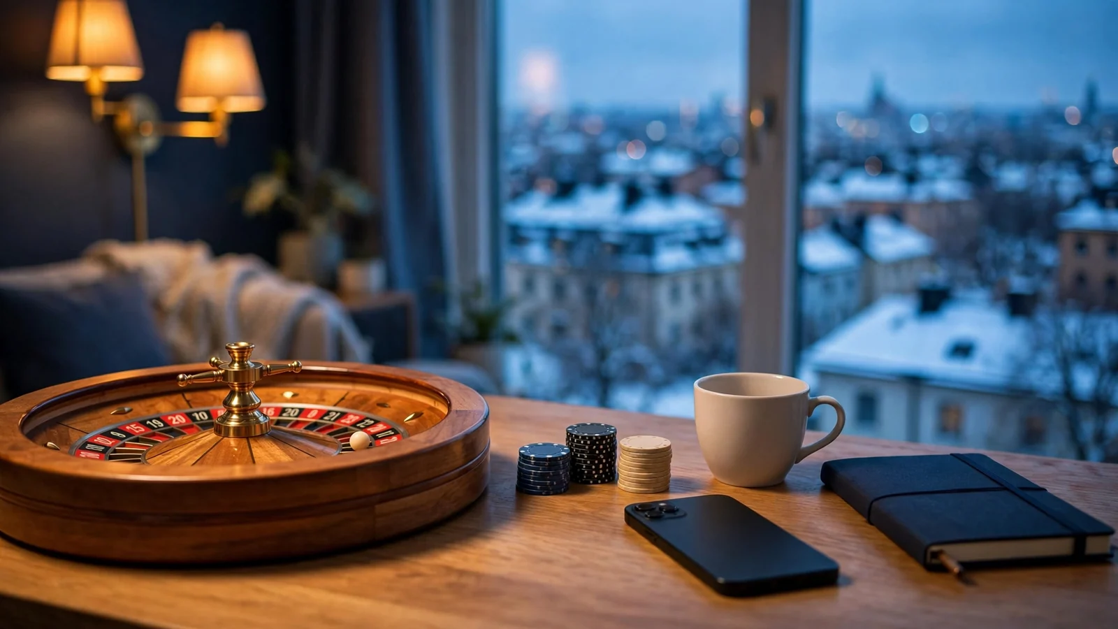 Roulettehjul och marker på ett svenskt bord med nedåtvänd telefon