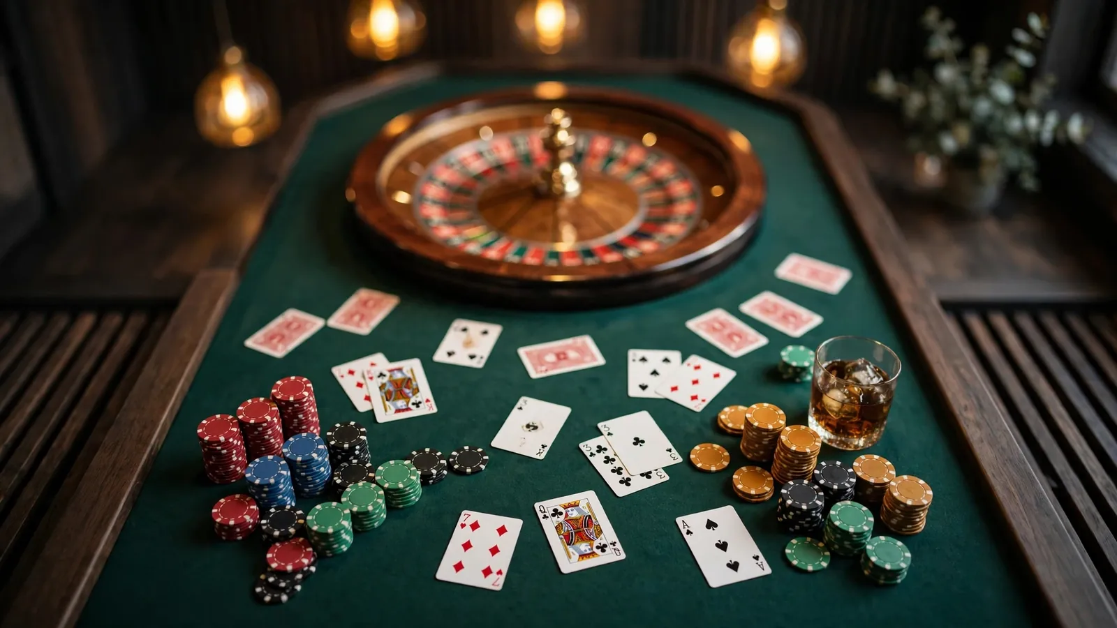 Ett roulettebord med färgglada casinofigurer och spelkort i skandinavisk miljö