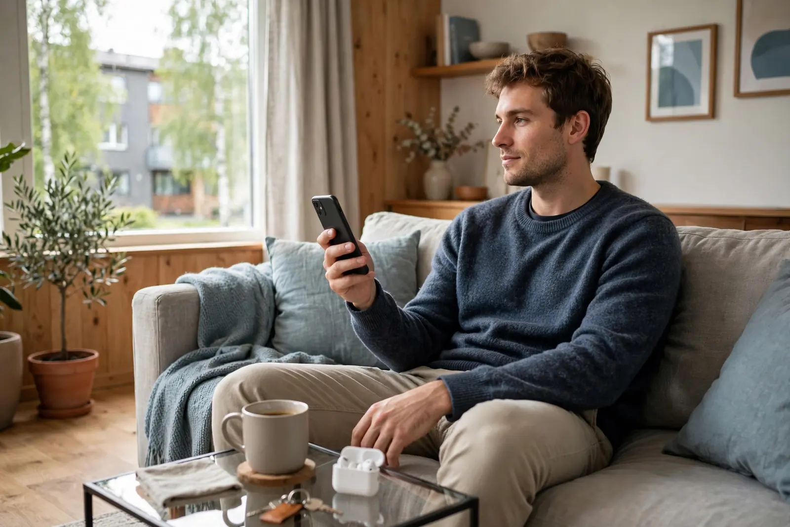 Person i svenskt vardagsrum med smartphone och BankID