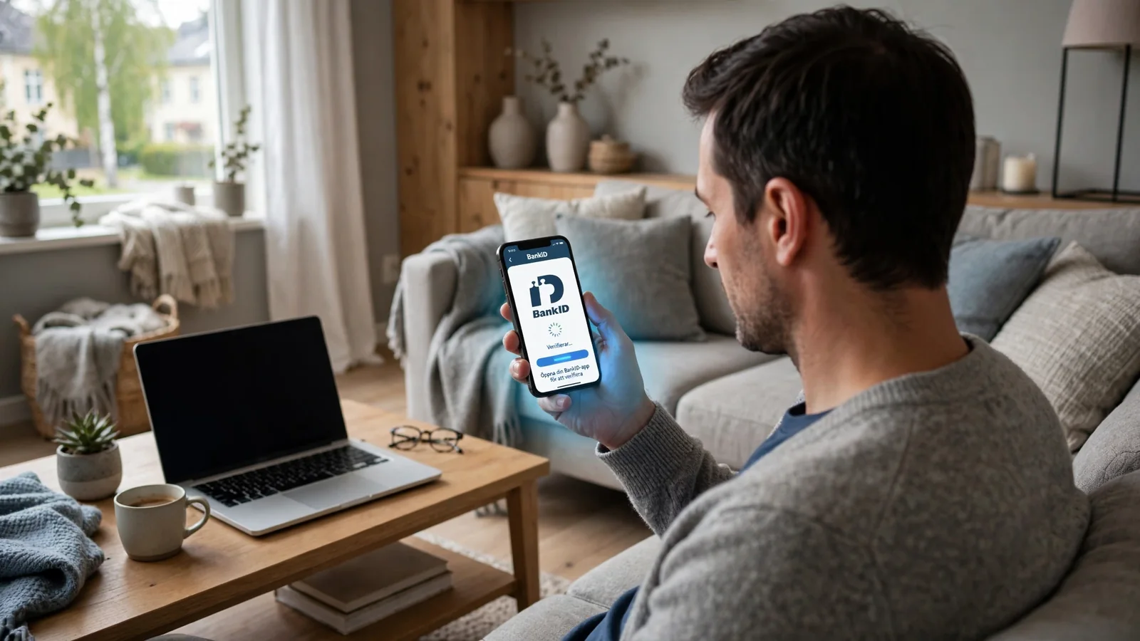 Person i svensk vardagsrum med mobiltelefon och BankID