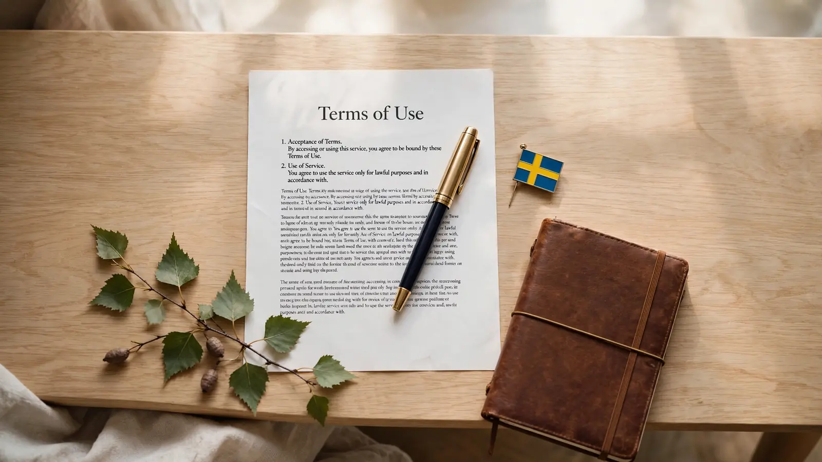 Användarvillkor-dokument med penna och svensk flagga på skrivbord