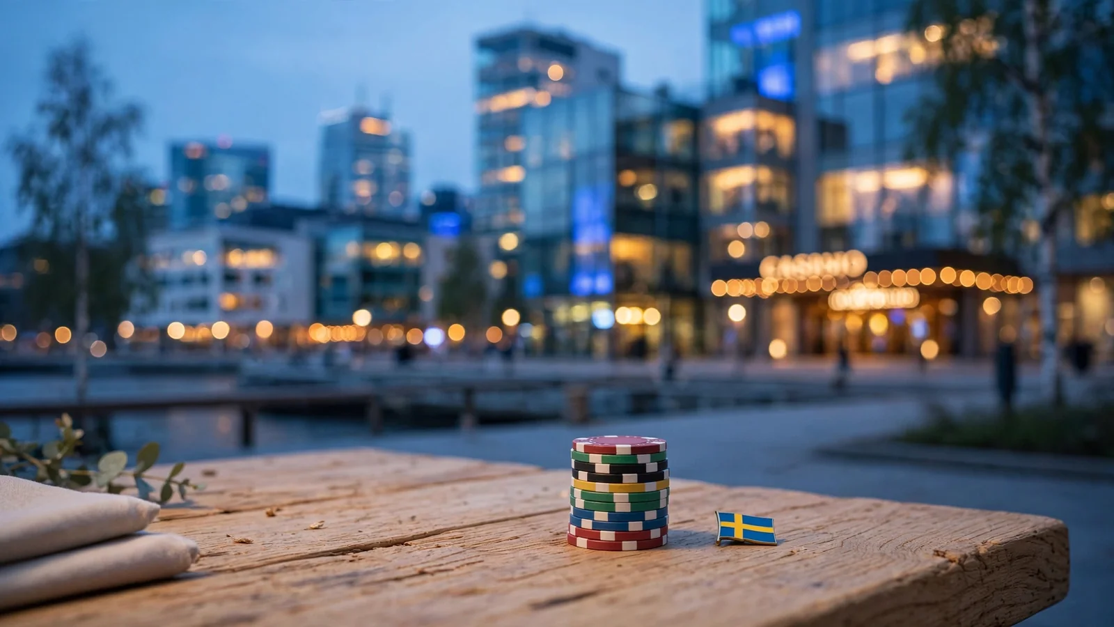 Stockholms silhuett vid skymning med kasinotema och pokerfärger