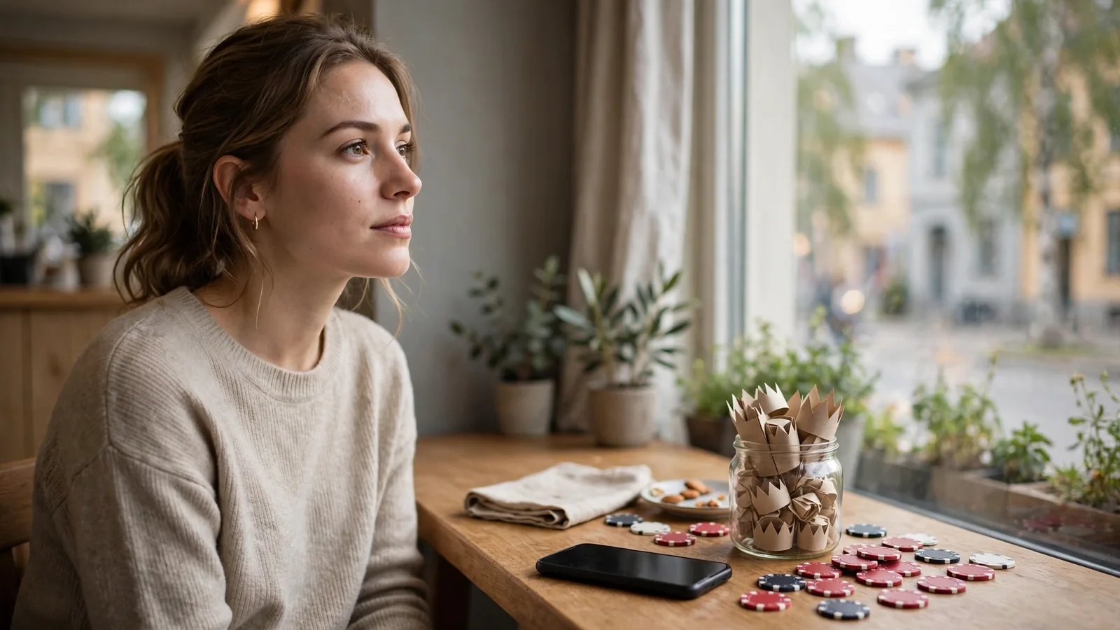 En person vid ett cafébord med mobilen vänd nedåt och casinomarker bredvid